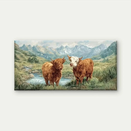 Highland Cow & Calf Landscape Wall Art Canvas Office Home Room Framed 80x45cm