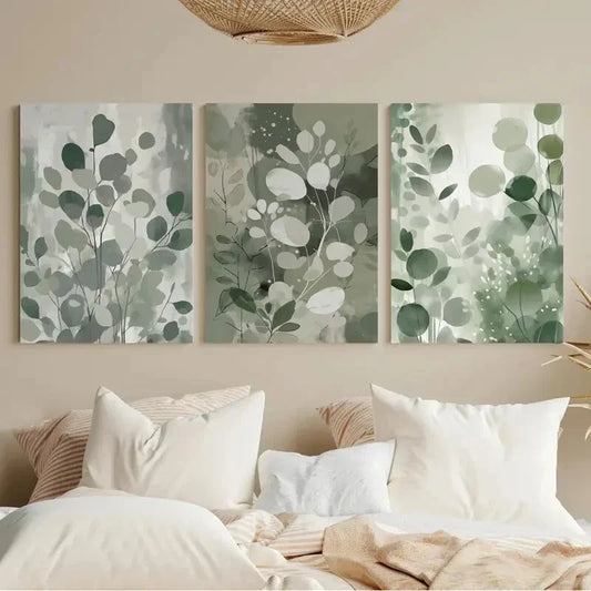 3pcs Sage Green Botanical Abstract Green Leaves Metal Print Ready to Hang Art