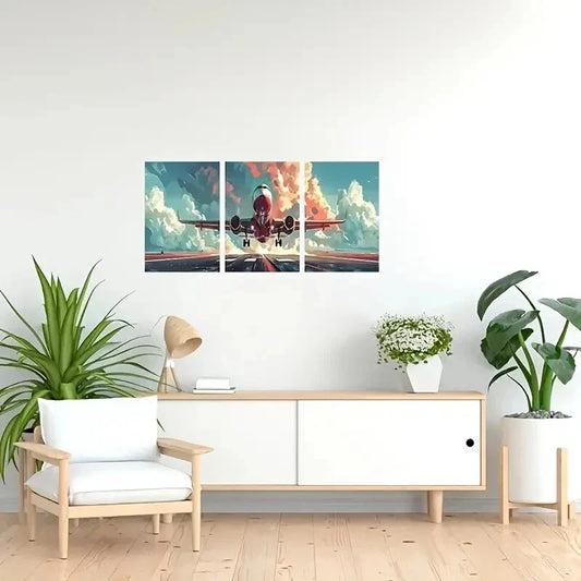 3pcs  Red Airplane with White Clouds  Metal Print Ready to Hang Art