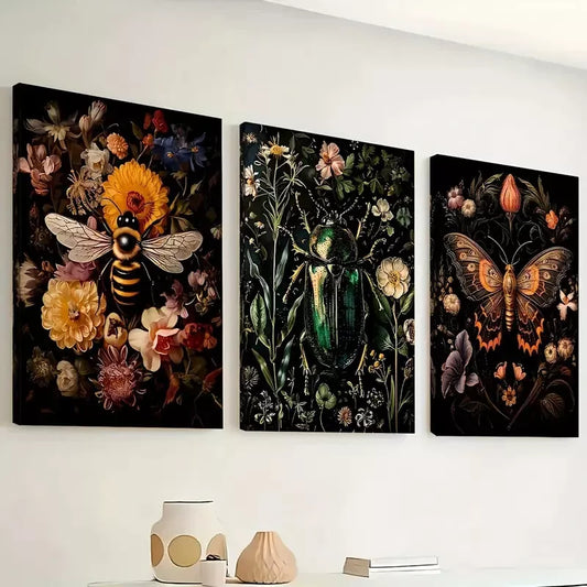 3pcs Featuring Insect Overhead Floral Colorful  Wall Art Set Canvas Framed 40x60cm - High Quality Print 100% Australian Made Wall Canvas Ready to Hang