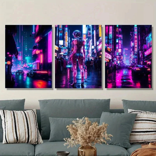 3pcs Dreamy neon city at night, robot girl  Metal Print Ready to Hang Art