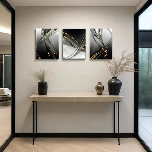 3pcs Golden Modern Abstract Black and White  Metal Print Ready to Hang Art