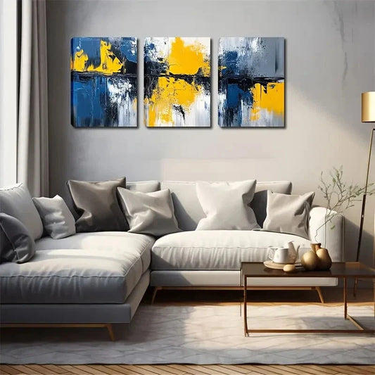 3pcs Vibrant Blue & Yellow Abstract Paintings Metal Print Ready to Hang Art