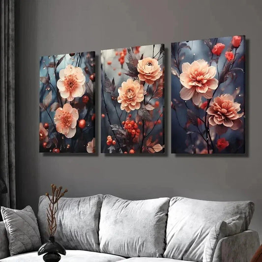 3pcs Pink Botanical Flowers and Berries Wall Art Set Canvas Framed 40x60cm - High Quality Print 100% Australian Made Wall Canvas Ready to Hang