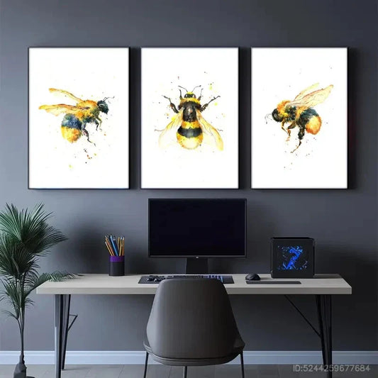 3pcs Vibrant Yellow & Black Honeybee Decor Metal Print Ready to Hang Art