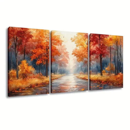 3pcs Vibrant Autumn Park Pathway  Wall Art Set Canvas Framed 40x60cm - High Quality Print 100% Australian Made Wall Canvas Ready to Hang