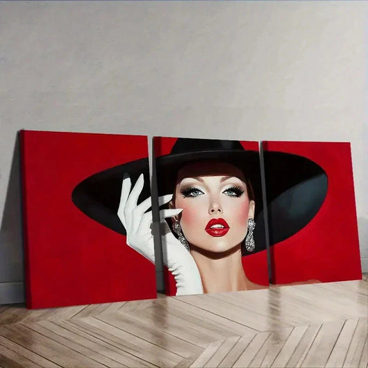 3pcs Fashionable woman in black hat Wall Art Set Canvas Framed 40x60cm - High Quality Print 100% Australian Made Wall Canvas Ready to Hang