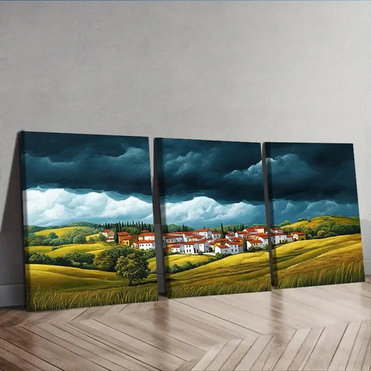 3pcs A little village with red roofs Painting Wall Art Set Canvas Framed 40x60cm - High Quality Print 100% Australian Made Wall Canvas Ready to Hang
