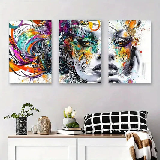 3pcs Abstract Woman Face Colorful Swirls Metal Print Ready to Hang Art