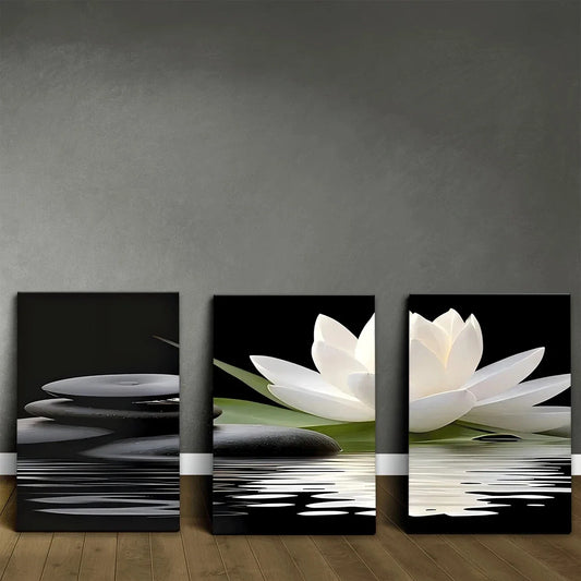 3pcs White Lotus And Black Zen Stones Blooming Metal Print Ready to Hang Art