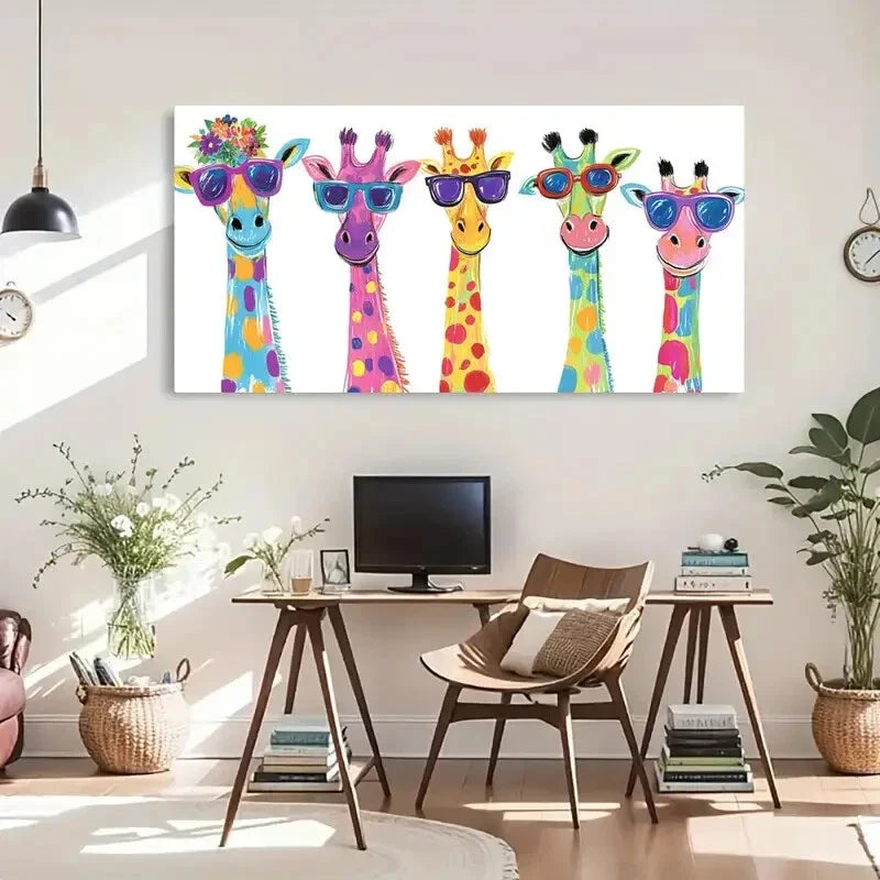 Whimsical Giraffe Colorful Wall Art Canvas Office Home Room Framed 120x60cm