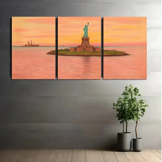3pcs Vibrant Sunset Design The Statue of Liberty Metal Print Ready to Hang Art