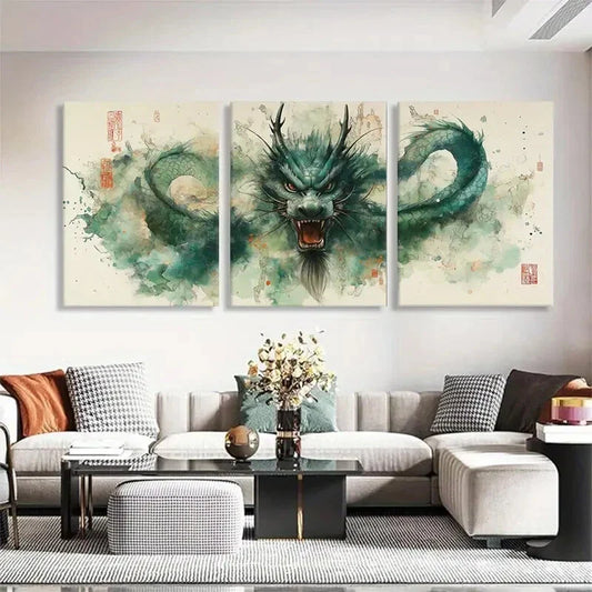 3pcs Majestic Green Dragon with Flowing Perfect Wall Art Set Canvas Framed 40x60cm - High Quality Print 100% Australian Made Wall Canvas Ready to Hang