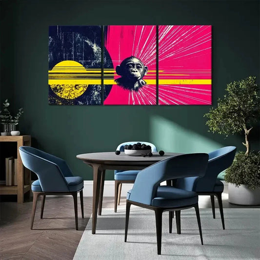3pcs Monkey Pink Themed Stunning Golden Metal Print Ready to Hang Art
