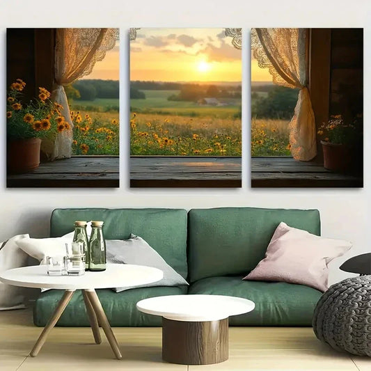 3pcs Country Window View, Lace Curtains & Sunset Metal Print Ready to Hang Art