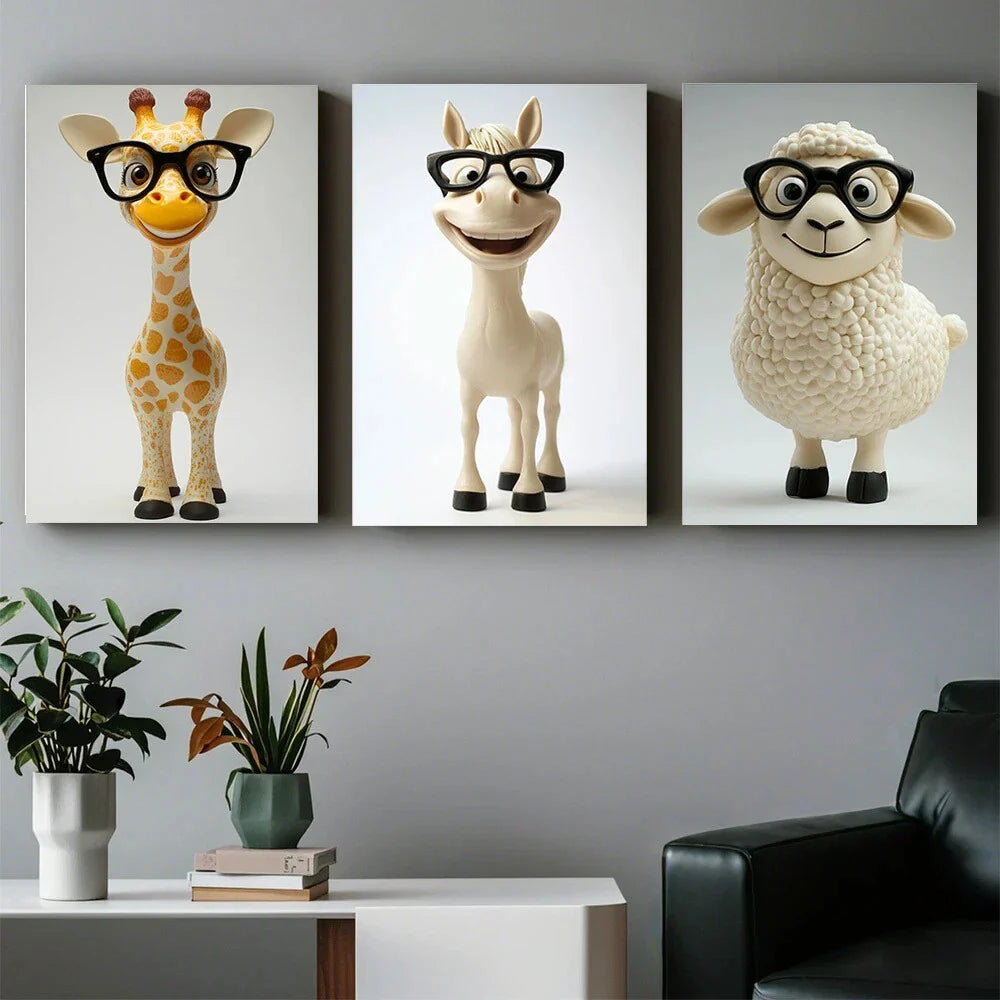 3pcs Quirky Animal Characters Wearing Glasses Metal Print Ready to Hang Art