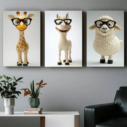 3pcs Quirky Animal Characters Wearing Glasses Metal Print Ready to Hang Art
