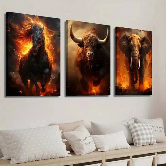 3pcs Running Hell Demon Horse Bull Elephant Wall Art Set Canvas Framed 40x60cm - High Quality Print 100% Australian Made Wall Canvas Ready to Hang