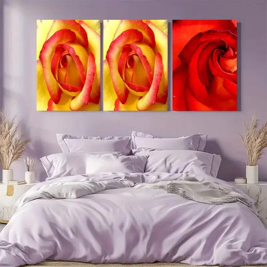 3pcs Blossoming Floral Vibrant Red & Yellow Roses Metal Print Ready to Hang Art