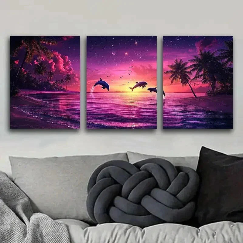 3pcs Dolphin Silhouette Under Purple Sky Perfect Wall Art Set Canvas Framed 40x60cm - High Quality Print 100% Australian Made Wall Canvas Ready to Hang