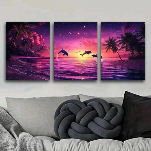 3pcs Dolphin Silhouette Under Purple Sky Perfect Wall Art Set Canvas Framed 40x60cm - High Quality Print 100% Australian Made Wall Canvas Ready to Hang