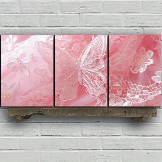 3pcs White Butterfly Rose Flowers Metal Print Ready to Hang Art