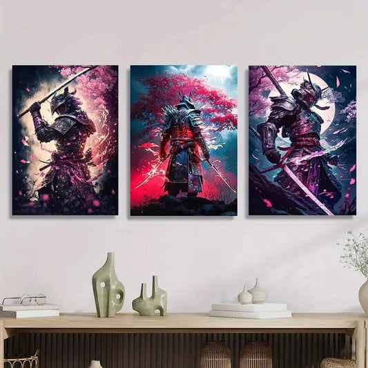 3pcs Japanese samurai painting under cherry blossomMetal Print Ready to Hang Art