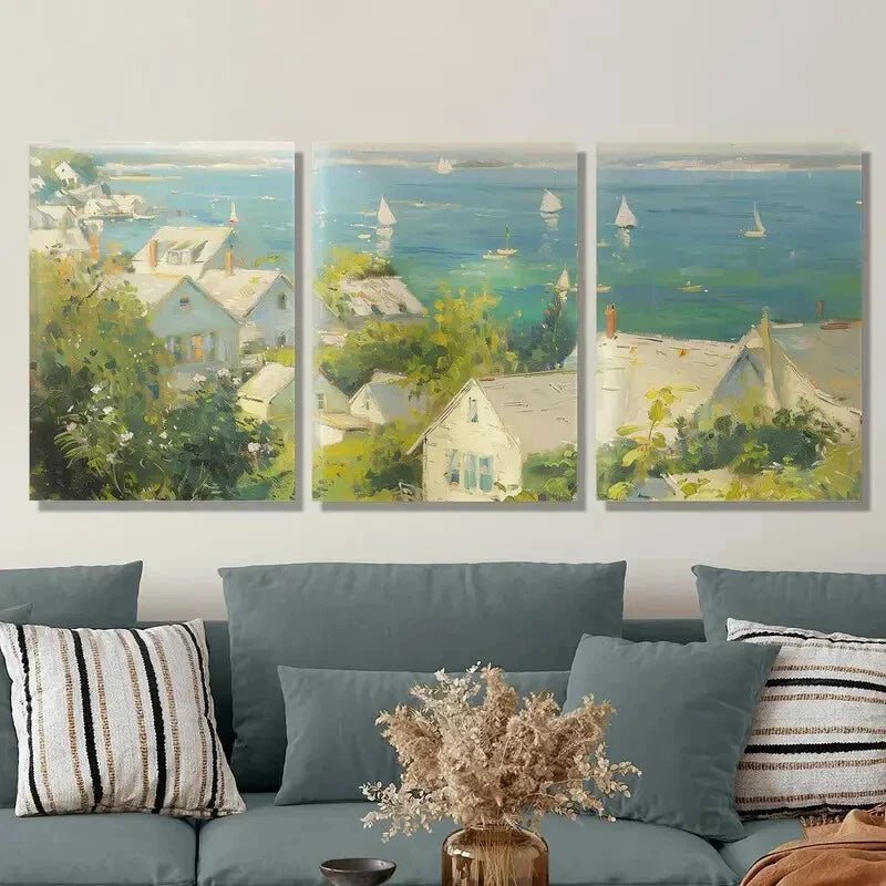 3pcs  Oil painting style cottage by the sea, Metal Print Ready to Hang Art