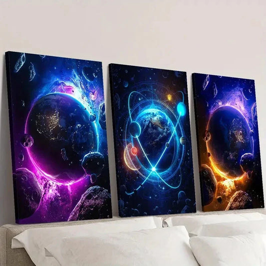 3pcs  Outer Space & Sci-Fi Fantasy Planets Wall Art Set Canvas Framed 40x60cm - High Quality Print 100% Australian Made Wall Canvas Ready to Hang