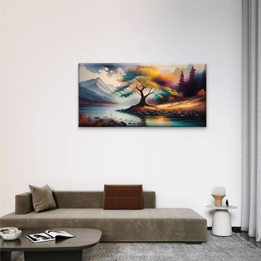 Lake Trees Mountains Clouds Wall Art Canvas Office Home Room Framed 80x45cm