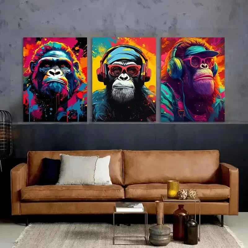 3pcs Funny & Stylish Monkey with Headphones  Metal Print Ready to Hang Art