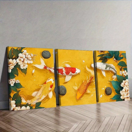3pcs Koi Fish In A Pond Of Stones And Flowers   Wall Art Set Canvas Framed 40x60cm - High Quality Print 100% Australian Made Wall Canvas Ready to Hang