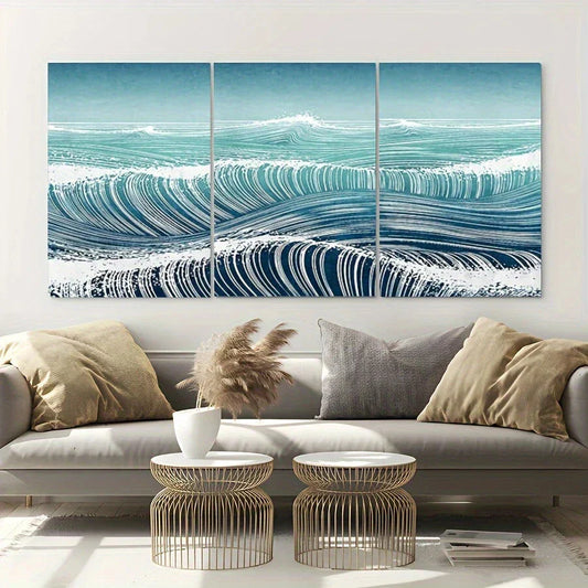 3pcs Beach Scene Blue Waves Blue & White Metal Print Ready to Hang Art
