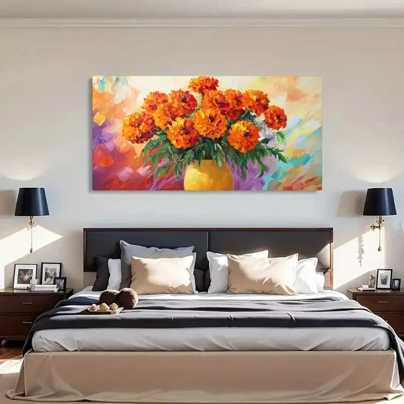 Marigold Flowers Vase Vibrant Wall Art Canvas Office Home Room Framed 120x60cm