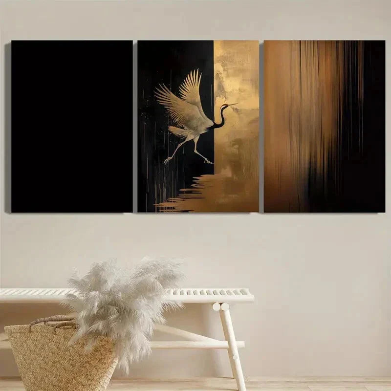 3pcs Japanese Vintage Golden Crane Elegant Metal Print Ready to Hang Art