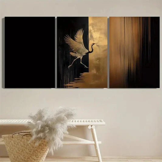 3pcs Japanese Vintage Golden Crane Elegant Metal Print Ready to Hang Art