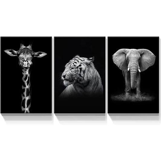3pcs  Giraffe Tiger and Elephant Picture   Metal Print Ready to Hang Art