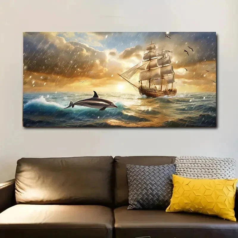 Sunset Dolphin with Ship wall canvas office home room framed 120x60cm