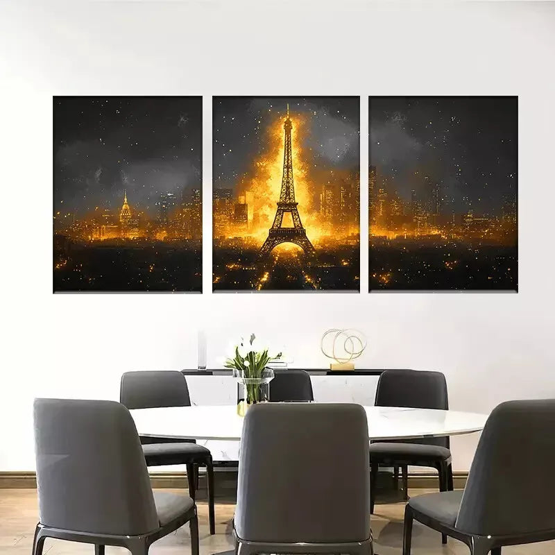 3pcs The Eiffel Tower with a Golden Glow Wall Art Set Canvas Framed 40x60cm - High Quality Print 100% Australian Made Wall Canvas Ready to Hang