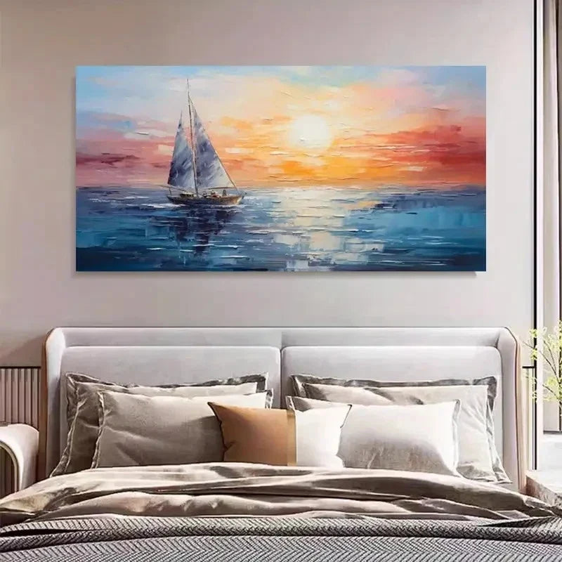 Impressionist Sailboat Sunset Wall Art Canvas Office Home Room Framed 80x45cm