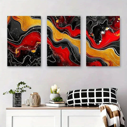 3pcs Black, Red, and Golden Fluid Art with Bold Metal Print Ready to Hang Art