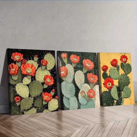 3pcss Featuring Blooming Cacti Wall Art Set Canvas Framed 40x60cm - High Quality Print 100% Australian Made Wall Canvas Ready to Hang