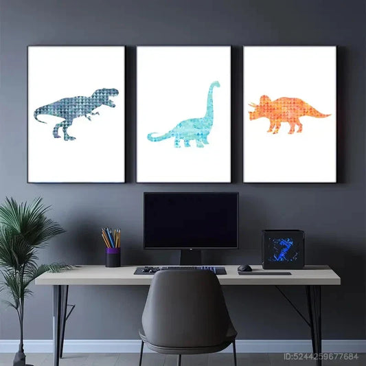 3pcs T-Rex Triceratops and Stegosaurus Metal Print Ready to Hang Art