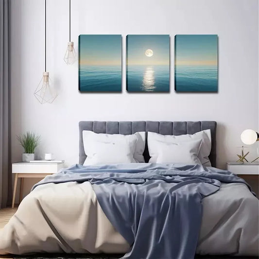 3pcs  Round Moon On The Sea Level Wall Art Set Canvas Framed 40x60cm - High Quality Print 100% Australian Made Wall Canvas Ready to Hang