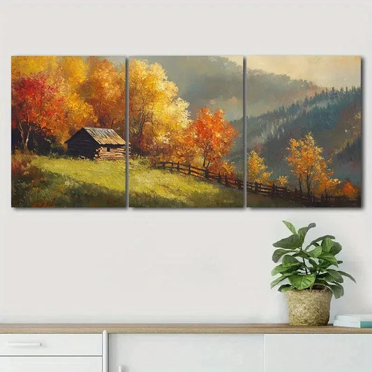 3pcs Autumn Wooden House Nature Colorful Perfect Wall Art Set Canvas Framed 40x60cm - High Quality Print 100% Australian Made Wall Canvas Ready to Hang