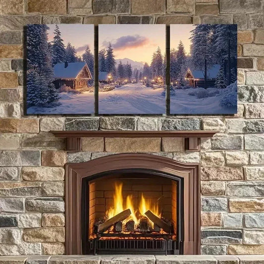 3pcs Houses in the Snow Mountain Wall Art Set Canvas Framed 40x60cm - High Quality Print 100% Australian Made Wall Canvas Ready to Hang