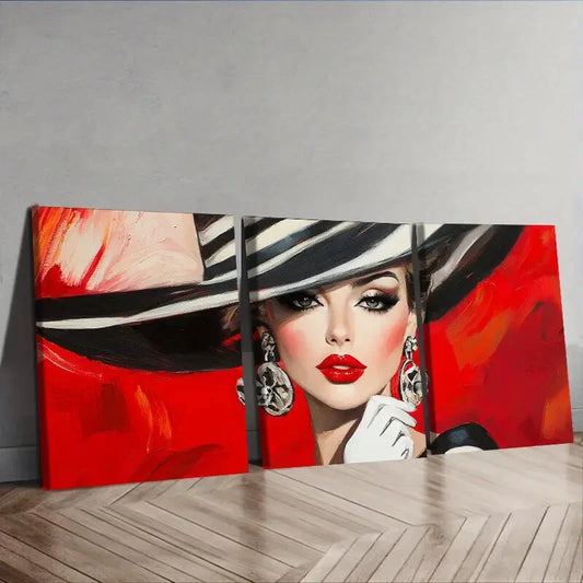 3pcs Fashionable woman in black hat Wall Art Set Canvas Framed 40x60cm - High Quality Print 100% Australian Made Wall Canvas Ready to Hang