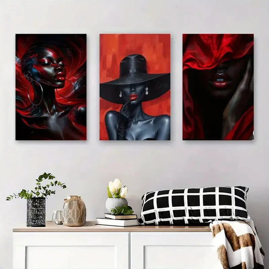3pcs Elegant Black and Red Portrait Modern Metal Print Ready to Hang Art