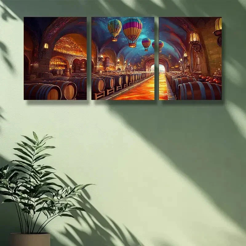 3pcs  Vibrant Wine Cellar with Hot Air Balloon Metal Print Ready to Hang Art