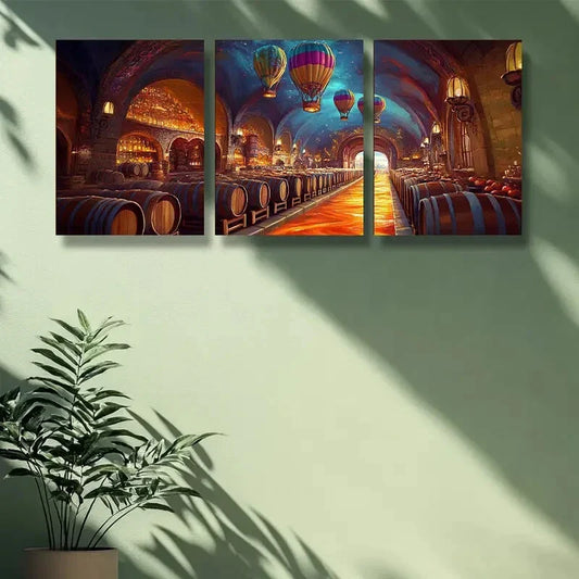 3pcs  Vibrant Wine Cellar with Hot Air Balloon Metal Print Ready to Hang Art